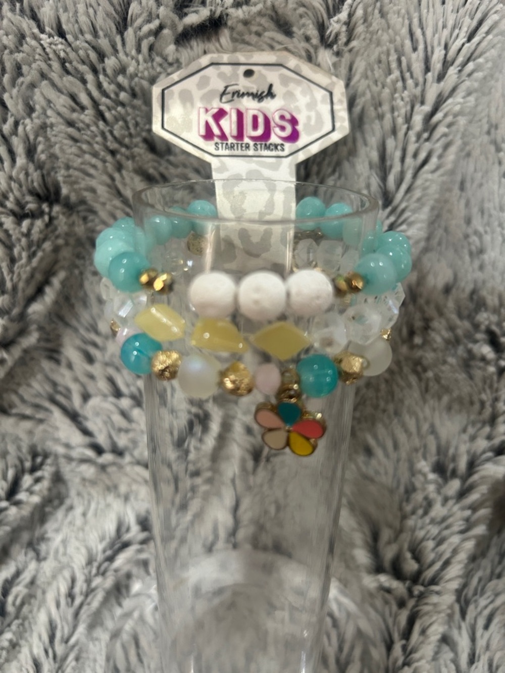 Kids Erimish (gem jams) Beaded Stretch Bracelet Set Turquoise & White w/charm